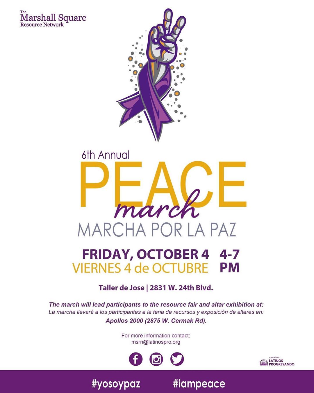 Join us on October 4th, or sign up to be a volunteer by contacting msrn@latinospro.org. In connection with #DVAM, the annual Marshall Square Peace March mobilizes the community in the promotion of peace, while also forming important bonds community residents and community organizations.