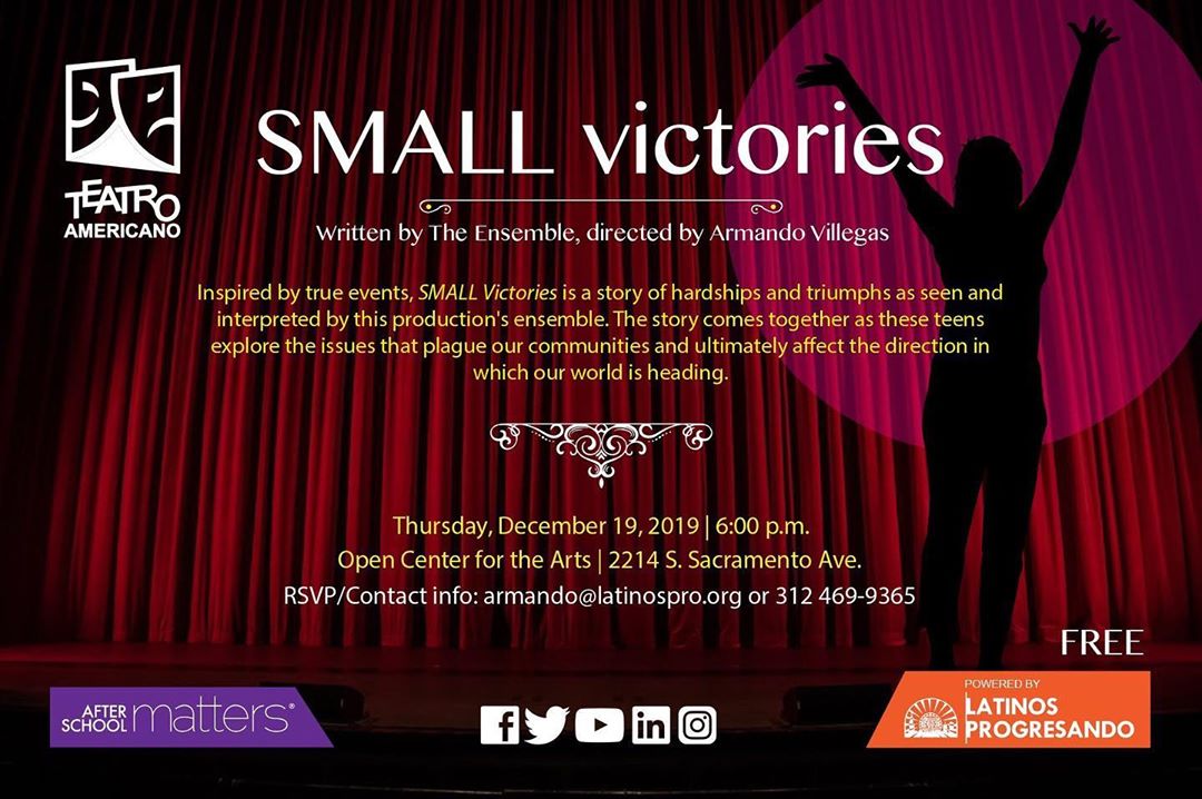 Join Teatro Americano next week Thursday, 12/19 for their Fall showcase at @opencenterforthearts !SMALL victories is written by the ensemble and directed by Armando Villegas.