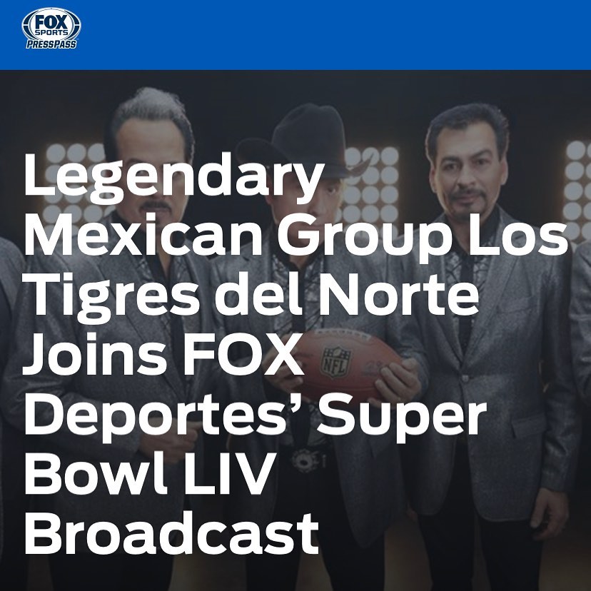 “FOX Deportes announced that renowned Mexican group @lostigresdelnorte features in the opening video for its broadcast of Super Bowl LIV on Sunday, Feb. 2.” #MEXtalksMonday
.
.

Link in bio.