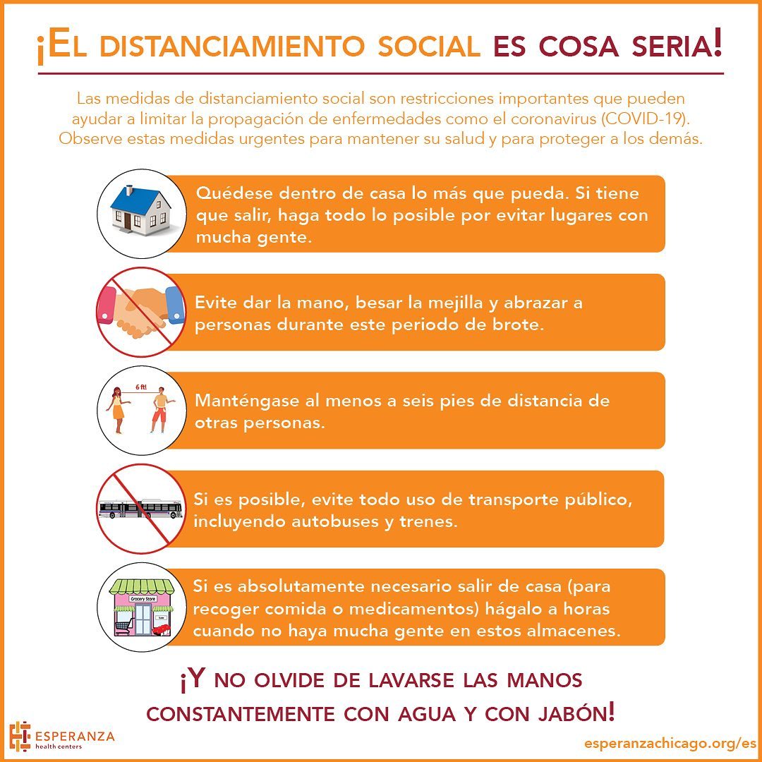 No olvides de practicar el distanciamiento social. Aquí hay una imagen creada por nuetros socios de @esperanzahealthcenters que explica las acciones recomendadas para ayudar a detener o retrasar la propagación de la enfermedad por coronavirus (COVID-19).