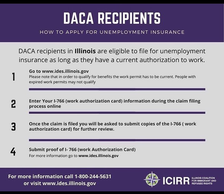 DACA recipients with an active work permit are eligible for unemployment insurance. Thank you @icirr_il for creating this helpful tool on how they can apply.
Los beneficiarios de DACA con un permiso de trabajo activo son elegibles para el seguro de desempleo. Gracias @icirr_il por crear esta útil herramienta sobre cómo pueden aplicar.