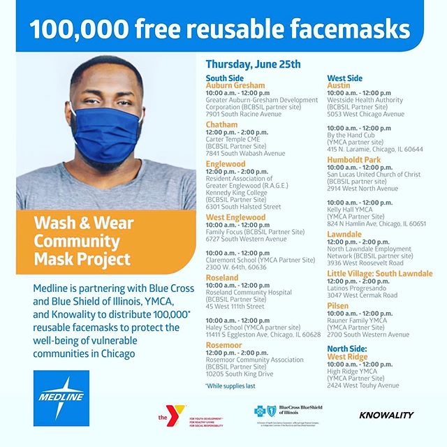 HAPPENING TODAY: Latinos Progresando is hosting a supply giveaway with Medline, Blue Cross Blue Shield of Illinois, YMCA, and Knowality TODAY, Thursday, June 25th from 12:00 p.m. to 2:00 p.m. Face masks, toiletries, and other essential materials will be distibuted outside of LP’s office (3047 W Cermak Rd.) Walk up and drive up options are both available.
_______________
HOY: Latinos Progresando está patrocinando un evento para regalar materiales donados por Medline, Blue Cross Blue Shield of Illinois, YMCA, y Knowality HOY Jueves 25 de Junio desde las 12 pm hasta las 2 pm. Se estará repartiendo cubrebocas, artículos de aseo y otros materiales esenciales en frente de la oficina de Latinos Progresando (3047 W Cermak Rd.) Las opciones de manejar o caminar estarán disponibles.